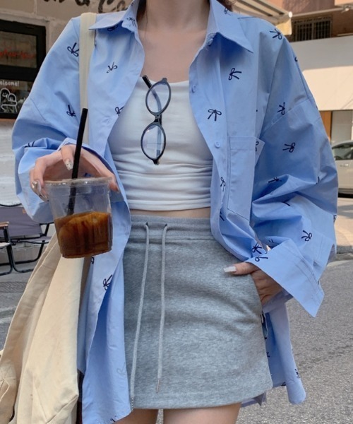Vipoa（ヴィポア）の「ribbon print shirt（シャツ/ブラウス・レディース・ピンク/ホワイト/ブルー・FREE）」の3枚目の写真