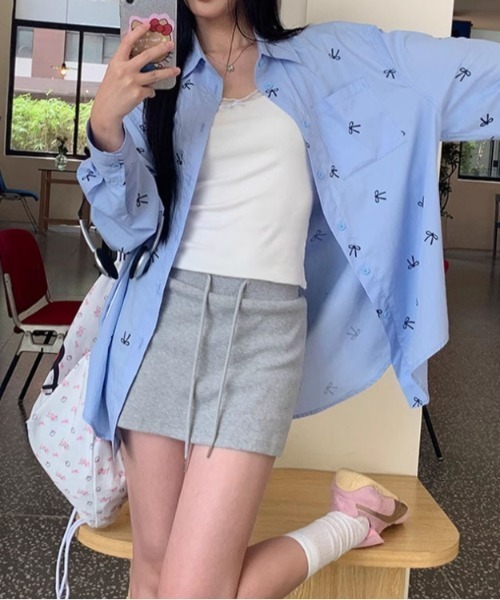 Vipoa（ヴィポア）の「ribbon print shirt（シャツ/ブラウス・レディース・ピンク/ホワイト/ブルー・FREE）」の8枚目の写真