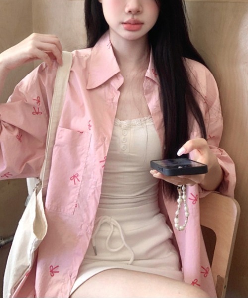 Vipoa（ヴィポア）の「ribbon print shirt（シャツ/ブラウス・レディース・ピンク/ホワイト/ブルー・FREE）」の10枚目の写真