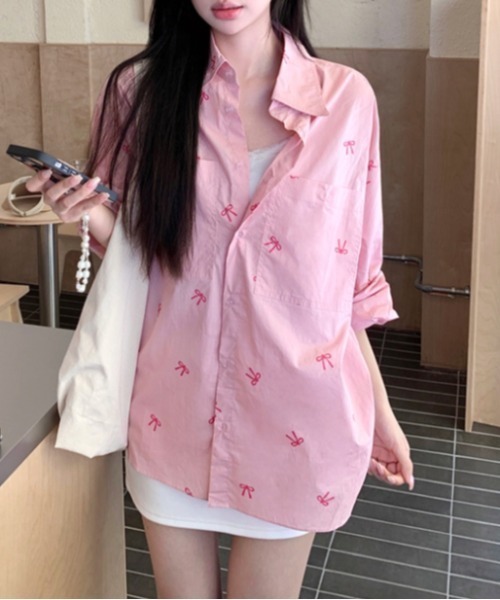 Vipoa（ヴィポア）の「ribbon print shirt（シャツ/ブラウス・レディース・ピンク/ホワイト/ブルー・FREE）」の12枚目の写真