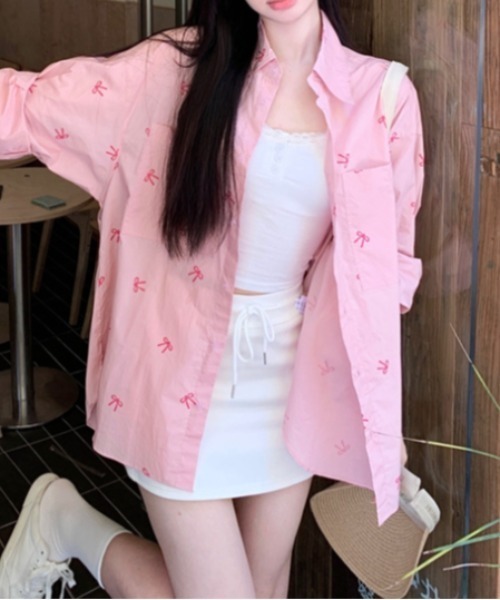 Vipoa（ヴィポア）の「ribbon print shirt（シャツ/ブラウス・レディース・ピンク/ホワイト/ブルー・FREE）」の13枚目の写真