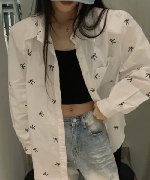Vipoa（ヴィポア）の「ribbon print shirt（シャツ/ブラウス・レディース・ピンク/ホワイト/ブルー・FREE）」の14枚目の写真