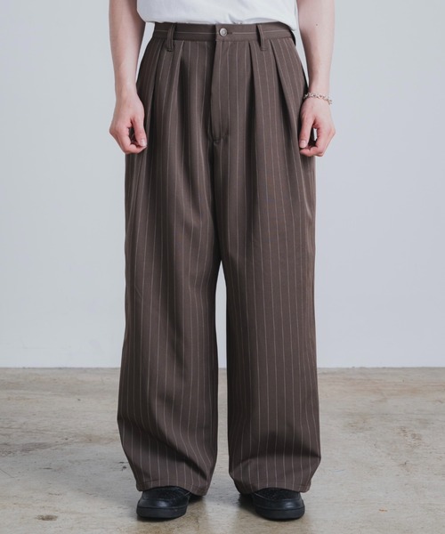 camphor woodネイビー ストライプ スラックス Mサイズ 2tuck wide baggy flare rame slacks / 2タックワイドバギー