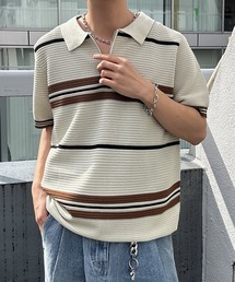 CREARE -LINO- | ハーフジップマルチボーダー半袖ニット(Tシャツ/カットソー)