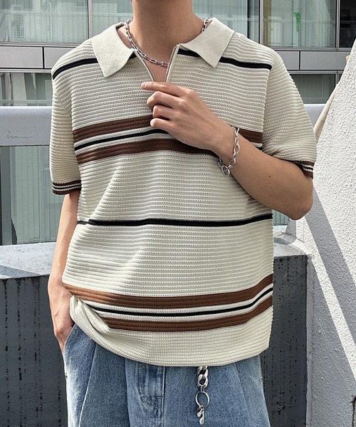 CREARE -LINO-(クレアーレリノ)の「ハーフジップマルチボーダー半袖ニット(Tシャツ/カットソー・メンズ・グレー/ブラック/ベージュ/キャメル・L/M)」の1枚目の写真