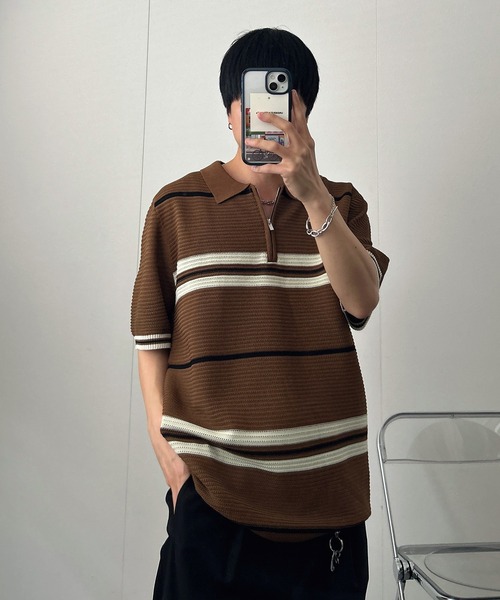 CREARE -LINO-(クレアーレリノ)の「ハーフジップマルチボーダー半袖ニット(Tシャツ/カットソー・メンズ・グレー/ブラック/ベージュ/キャメル・L/M)」の4枚目の写真