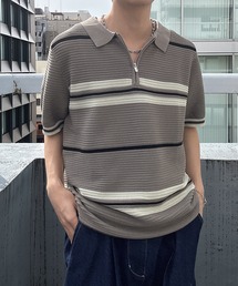 ハーフジップマルチボーダー半袖ニット