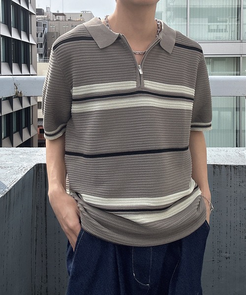 CREARE -LINO-(クレアーレリノ)の「ハーフジップマルチボーダー半袖ニット(Tシャツ/カットソー・メンズ・グレー/ブラック/ベージュ/キャメル・L/M)」の3枚目の写真