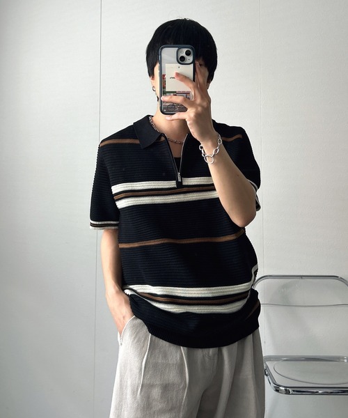 CREARE -LINO-(クレアーレリノ)の「ハーフジップマルチボーダー半袖ニット(Tシャツ/カットソー・メンズ・グレー/ブラック/ベージュ/キャメル・L/M)」の2枚目の写真