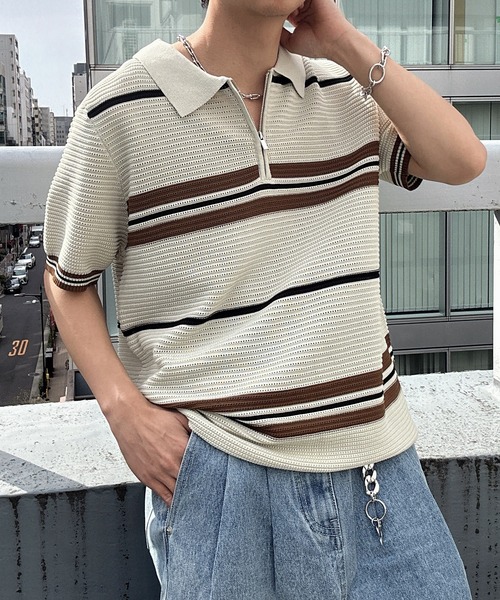 CREARE -LINO-(クレアーレリノ)の「ハーフジップマルチボーダー半袖ニット(Tシャツ/カットソー・メンズ・グレー/ブラック/ベージュ/キャメル・L/M)」の7枚目の写真