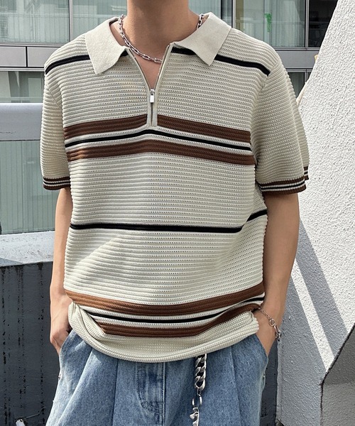 CREARE -LINO-(クレアーレリノ)の「ハーフジップマルチボーダー半袖ニット(Tシャツ/カットソー・メンズ・グレー/ブラック/ベージュ/キャメル・L/M)」の5枚目の写真