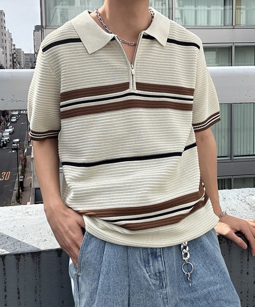 CREARE -LINO-(クレアーレリノ)の「ハーフジップマルチボーダー半袖ニット(Tシャツ/カットソー・メンズ・グレー/ブラック/ベージュ/キャメル・L/M)」の17枚目の写真