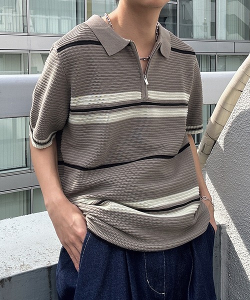 CREARE -LINO-(クレアーレリノ)の「ハーフジップマルチボーダー半袖ニット(Tシャツ/カットソー・メンズ・グレー/ブラック/ベージュ/キャメル・L/M)」の19枚目の写真