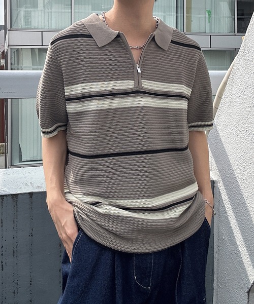 CREARE -LINO-(クレアーレリノ)の「ハーフジップマルチボーダー半袖ニット(Tシャツ/カットソー・メンズ・グレー/ブラック/ベージュ/キャメル・L/M)」の20枚目の写真