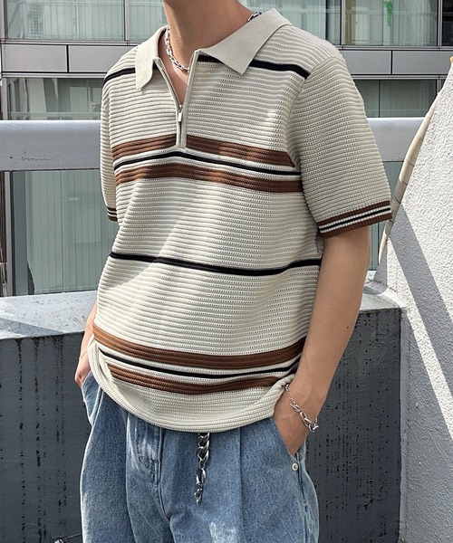 CREARE -LINO-(クレアーレリノ)の「ハーフジップマルチボーダー半袖ニット(Tシャツ/カットソー・メンズ・グレー/ブラック/ベージュ/キャメル・L/M)」の18枚目の写真