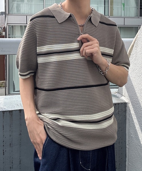 CREARE -LINO-(クレアーレリノ)の「ハーフジップマルチボーダー半袖ニット(Tシャツ/カットソー・メンズ・グレー/ブラック/ベージュ/キャメル・L/M)」の10枚目の写真