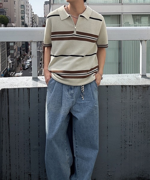 CREARE -LINO-(クレアーレリノ)の「ハーフジップマルチボーダー半袖ニット(Tシャツ/カットソー・メンズ・グレー/ブラック/ベージュ/キャメル・L/M)」の6枚目の写真