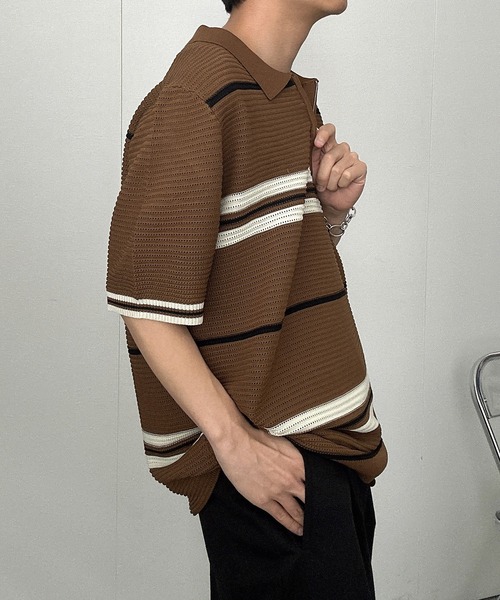 CREARE -LINO-(クレアーレリノ)の「ハーフジップマルチボーダー半袖ニット(Tシャツ/カットソー・メンズ・グレー/ブラック/ベージュ/キャメル・L/M)」の22枚目の写真