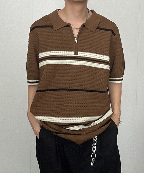 CREARE -LINO-(クレアーレリノ)の「ハーフジップマルチボーダー半袖ニット(Tシャツ/カットソー・メンズ・グレー/ブラック/ベージュ/キャメル・L/M)」の11枚目の写真