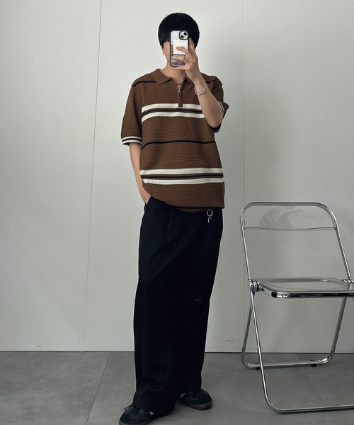 CREARE -LINO-(クレアーレリノ)の「ハーフジップマルチボーダー半袖ニット(Tシャツ/カットソー・メンズ・グレー/ブラック/ベージュ/キャメル・L/M)」の12枚目の写真