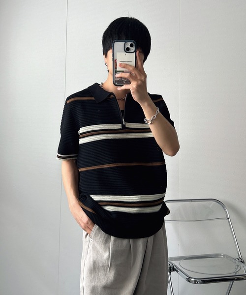 CREARE -LINO-(クレアーレリノ)の「ハーフジップマルチボーダー半袖ニット(Tシャツ/カットソー・メンズ・グレー/ブラック/ベージュ/キャメル・L/M)」の14枚目の写真