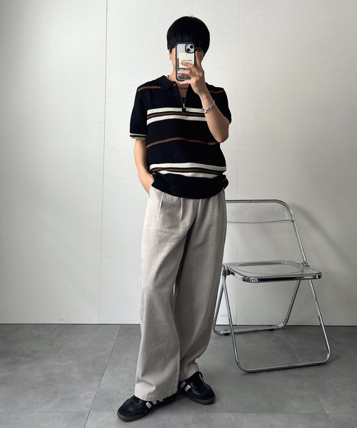 CREARE -LINO-(クレアーレリノ)の「ハーフジップマルチボーダー半袖ニット(Tシャツ/カットソー・メンズ・グレー/ブラック/ベージュ/キャメル・L/M)」の15枚目の写真