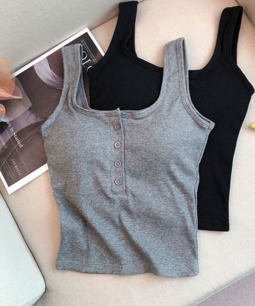 SPIGA（スピーガ）の「前釦ﾊﾟｯﾄ付きﾀﾝｸﾄｯﾌﾟ（タンクトップ・レディース・ブラック/ホワイト/グレー/ブラウン・LARGE/MEDIUM/SMALL）」の4枚目の写真