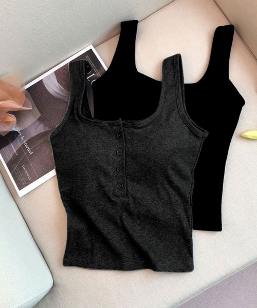 SPIGA（スピーガ）の「前釦ﾊﾟｯﾄ付きﾀﾝｸﾄｯﾌﾟ（タンクトップ・レディース・ブラック/ホワイト/グレー/ブラウン・LARGE/MEDIUM/SMALL）」の3枚目の写真