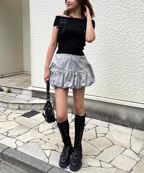 スパイラルガール SPIRALGIRL オフショルリボンリブトップス （ブラック） オフショルリボンリブトップス SPIRALGIRL│SPIRALGIRL