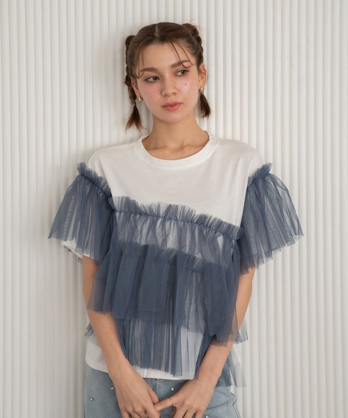 Nu(ニュー)の「【Nu】チュールドッキングTシャツ(Tシャツ/カットソー・レディース・ブラック/ブルー/ベージュ・M)」の3枚目の写真