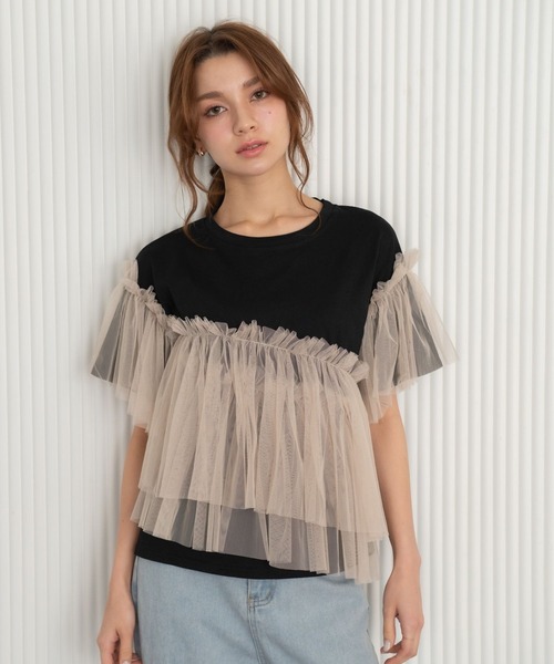Nu(ニュー)の「【Nu】チュールドッキングTシャツ(Tシャツ/カットソー・レディース・ブラック/ブルー/ベージュ・M)」の12枚目の写真
