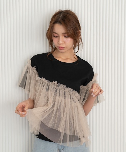 Nu(ニュー)の「【Nu】チュールドッキングTシャツ(Tシャツ/カットソー・レディース・ブラック/ブルー/ベージュ・M)」の6枚目の写真