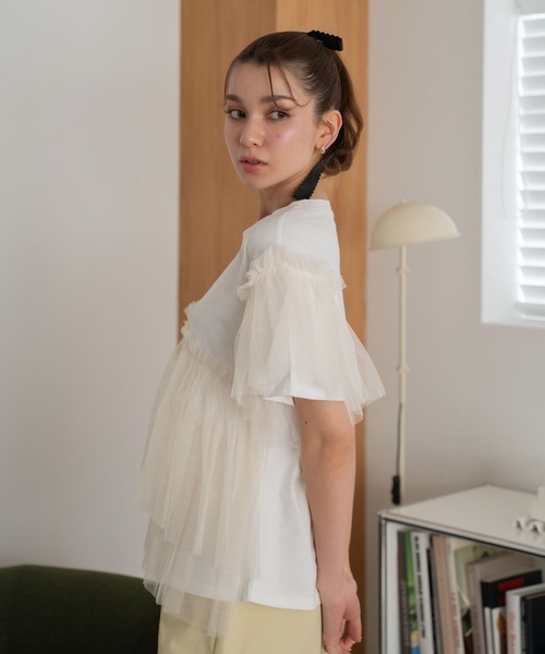 Nu(ニュー)の「【Nu】チュールドッキングTシャツ(Tシャツ/カットソー・レディース・ブラック/ブルー/ベージュ・M)」の9枚目の写真