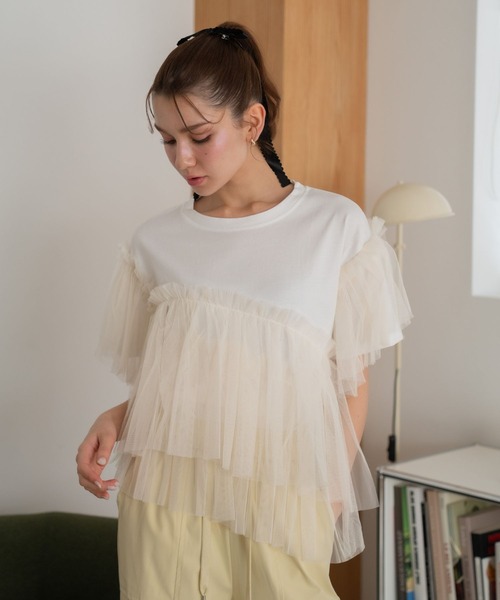 Nu(ニュー)の「【Nu】チュールドッキングTシャツ(Tシャツ/カットソー・レディース・ブラック/ブルー/ベージュ・M)」の19枚目の写真