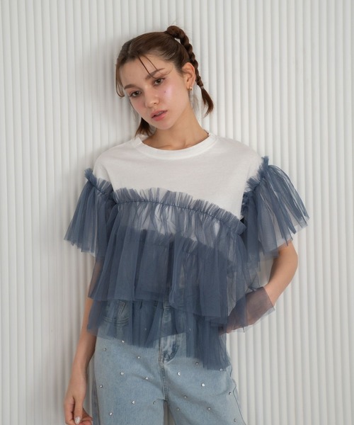 Nu(ニュー)の「【Nu】チュールドッキングTシャツ(Tシャツ/カットソー・レディース・ブラック/ブルー/ベージュ・M)」の21枚目の写真