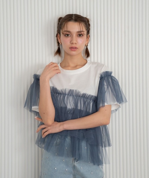 Nu(ニュー)の「【Nu】チュールドッキングTシャツ(Tシャツ/カットソー・レディース・ブラック/ブルー/ベージュ・M)」の22枚目の写真