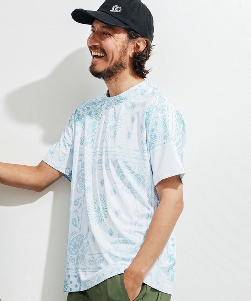 1minute 1second(ワンミニットワンセカンド)の「mt9673-bandana pattern mock neck T モックネックTシャツ(Tシャツ/カットソー・メンズ・ブラック×ホワイト/ホワイト×ブラック/ホワイト×ブルー・S/M/L/XL)」の1枚目の写真