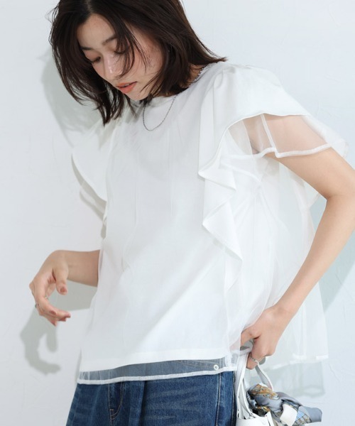 Pierrot(ピエロ)の「チュールドッキングフレアコットンTシャツ(Tシャツ/カットソー・レディース・オフホワイト/ブラック・M/L)」の8枚目の写真
