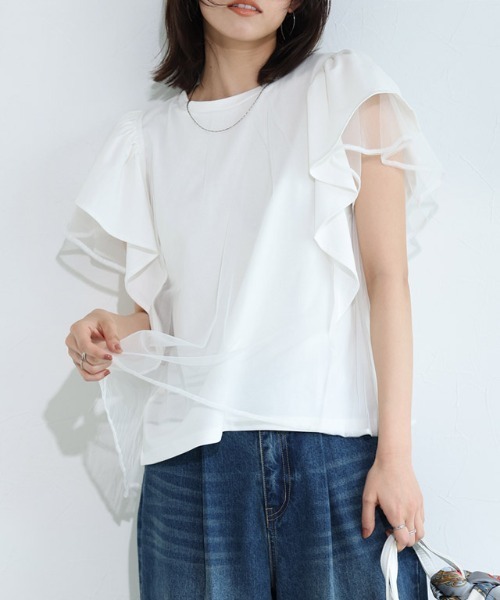 Pierrot(ピエロ)の「チュールドッキングフレアコットンTシャツ(Tシャツ/カットソー・レディース・オフホワイト/ブラック・M/L)」の7枚目の写真
