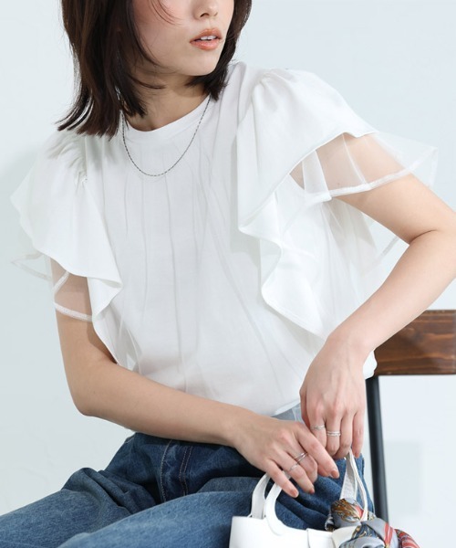 Pierrot(ピエロ)の「チュールドッキングフレアコットンTシャツ(Tシャツ/カットソー・レディース・オフホワイト/ブラック・M/L)」の5枚目の写真