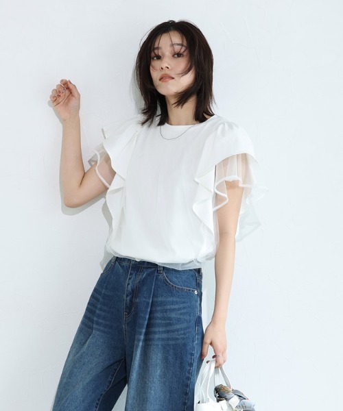 Pierrot(ピエロ)の「チュールドッキングフレアコットンTシャツ(Tシャツ/カットソー・レディース・オフホワイト/ブラック・M/L)」の3枚目の写真