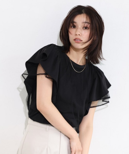 Pierrot(ピエロ)の「チュールドッキングフレアコットンTシャツ(Tシャツ/カットソー・レディース・オフホワイト/ブラック・M/L)」の16枚目の写真
