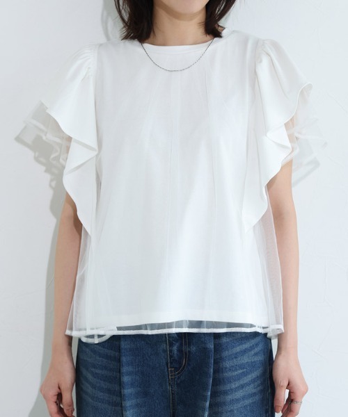 Pierrot(ピエロ)の「チュールドッキングフレアコットンTシャツ(Tシャツ/カットソー・レディース・オフホワイト/ブラック・M/L)」の12枚目の写真