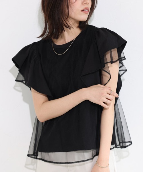 Pierrot(ピエロ)の「チュールドッキングフレアコットンTシャツ(Tシャツ/カットソー・レディース・オフホワイト/ブラック・M/L)」の22枚目の写真