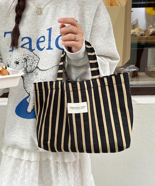 Mignonjour(ミニョンジュール)の「FReePLACe/ストライプミニトートバッグ X12523(トートバッグ・レディース・ホワイト/ブラック・FREE)」の2枚目の写真