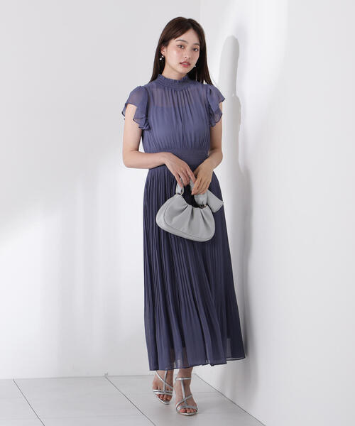 フリー【新品インポートセレクト】ワッフルプリーツ×袖シフォンプリーツワンピース プリーツシフォンワンピース(ブルー)CR1-323BU-L | OTONA DRESS