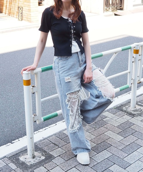 レイヤードレースダメージデニムパンツ レイヤードレースダメージデニムパンツ – ANDOR ONLINE