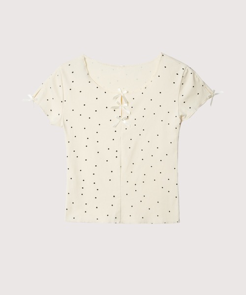 LA POMME petit（ラポミ・プチ）の「Dots Ribbon Deco T（Tシャツ/カットソー・レディース・グレー/アイボリー・FREE）」の2枚目の写真