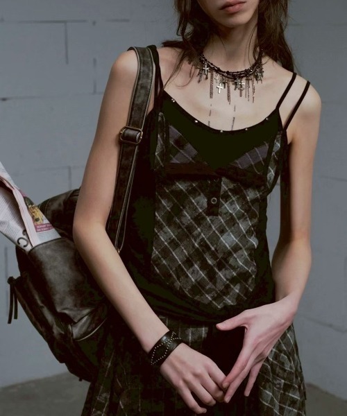 Cest Nous プリントキャミワンピース y2k セール】【Cest Nous】Plaid tie-strap camisole dress / 【セヌー