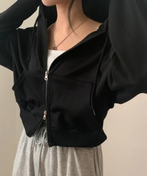 yuue' ( wear )（ユーイ）の「ダブルジップショートパーカー/冷房対策 UVカットフーディー（パーカー・レディース・グレー/ブラック/ライトグレー/ワインレッド/チャコールグレー/ダークブラウン/ネイビー/ピンク/ブルーグリーン/パープル・FREE）」の19枚目の写真